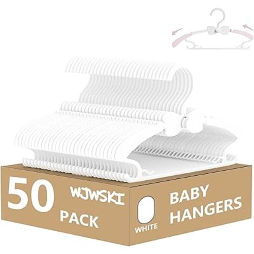 Baby Hangers 50 Pack, 11-14.5" Adjustable Kid Hangers for Newborn Closet, Plastic Non-Slip Small Infant Hanger for Toddler Pant, Child Coat Hanger for Boy Nursery Clothing, Girl Dresses, White