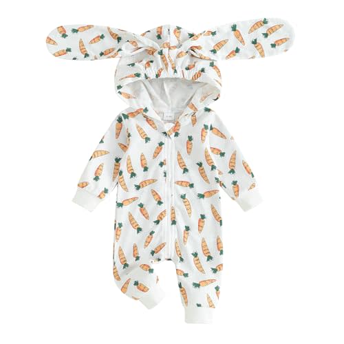 Goelsakurara Baby Girl Boy Easter Outfit Long Sleeve Zipper Hooded Romper Bodysuit Rabbit Ear Jumpsuit Cute Newborn Bunny Clothes(Easter Carrot-White,0-3 Months)