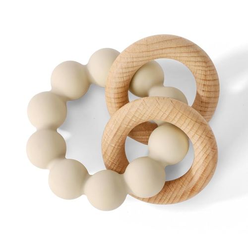 Socub Baby Teething Toys for 0-6 6-12 Months- BPA-Free Food-Grade Silicone & Natural Beech Wood Teether Ring for Newborn Infants Teething Relief- Easy-Grip Sensory Rattle Toys(Shifting Sand)
