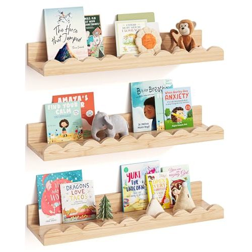 G&W Gruwald Nursery Book Shelves, Set of 3, Nursery Decor for Baby and Toddler, Scalloped Shelves, Book Shelf for Kids Rooms, Wall Book Shelf for Bedroom Kids, Floating Shelf for Wall