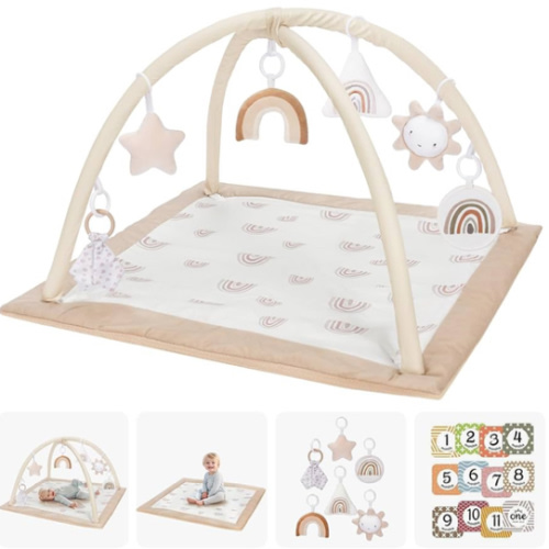 Washable Tummy Time Mat, Baby Play Gym with 6 Featured Toys and 12 Milestone Cards, Baby Gym for Infant & Toddler, Deluxe Larger Baby Play Mat, Baby Play Mats for Floor, Non Slip