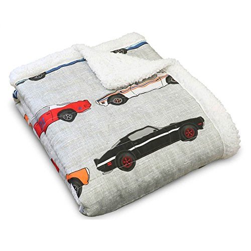Lush Decor Cars Throw | Fuzzy Reversible Sherpa Blanket with Racing Print Design for Kids-60” x 50, Blue & Orange