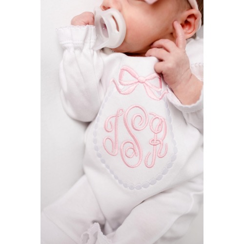 Baby girl coming home outfit, monogrammed ruffle romper, newborn outfit, sk creations, Newborn, take me home set, baby shower gift, pearl