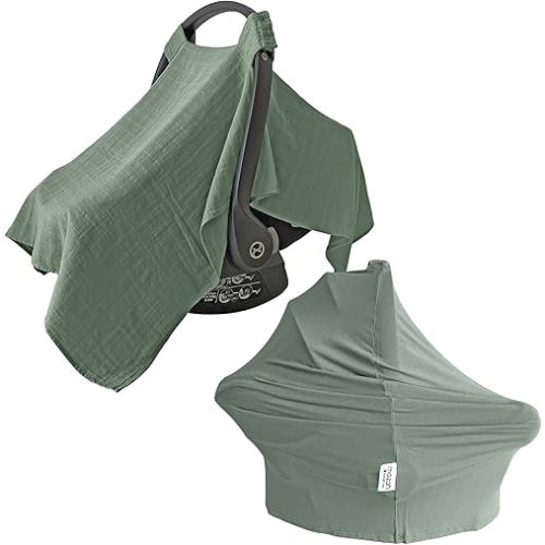 Mozah 100% Organic Muslin Car Seat Cover & 9-in-1 Multi-Use Cover - Nursing and Stroller Essential - Breathable, Soft, Versatile (Roman Green)