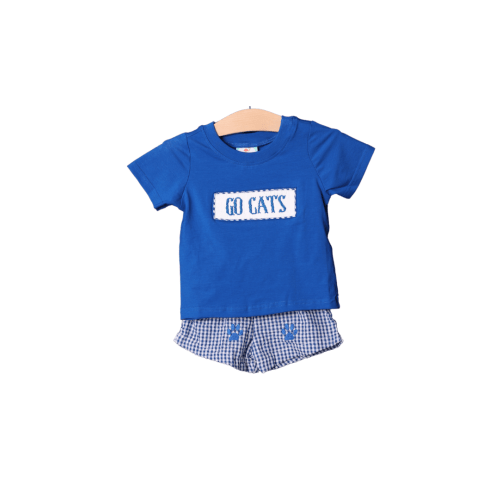 Smocked Go Cats Blue Gingham Short Set