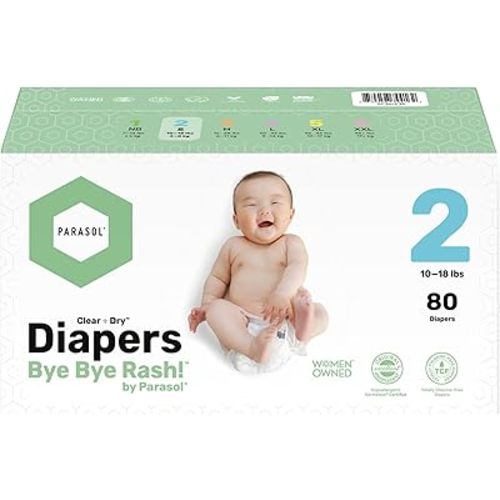 PARASOL Clear+Dry Disposable Diapers | RashShield Protection, Leakproof Design, Hypoallergenic | Size 2, (10-18 lbs) Box of 80 Count