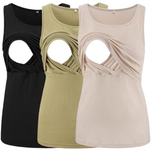 Ecavus Women's 3-Pack Ribbed Nursing Tank Tops Sleeveless Maternity Breastfeeding Shirts Double Layer Pregnancy Clothes