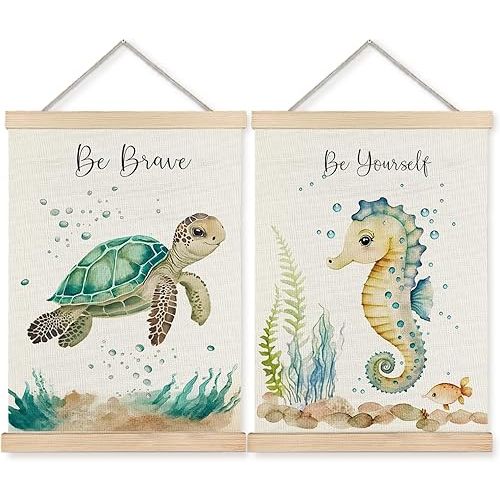 BearCake Ocean Nursery Decor, Sea Turtle Seahorse Under the Sea Wall Art Poster Hanger Frame, Inspirational Beach Nursery Canvas Prints Framed Wall Decor for Kids Room Playroom, 12x16 Inch Set of 2