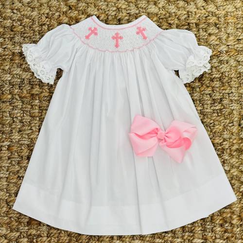 Smocked Cross Dress in White with Pink Crosses -Baptism, Christening, Baby Girl, Heirloom dress, Flower Girl, Bishop Style 128