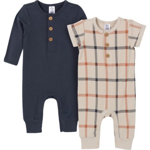 Gerber Baby Boys 2 Pack Long Leg Romper, Color: Plaid, Size: 0-3 months