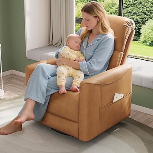 Power Swivel Rocker Recliner, 360° Swivel Nursery Rocking Chair, PU Leather Glider Rocking Recliner, Infinite Position Electric Chair for Adults with USB Port for Living Room, Amber Yellow