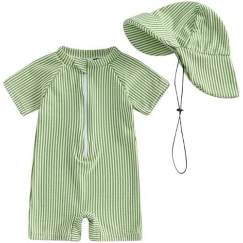 Toddler Baby Boys Seersucker Short Sleeve One Piece Rash Guard Swimsuit Zipper Bathing Suit Swimwear with Hat
