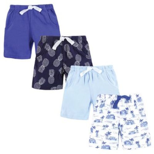 Hudson Baby Infant Boy Shorts Bottoms 4-Pack, Blue Tropical Scene, 0-3 Months