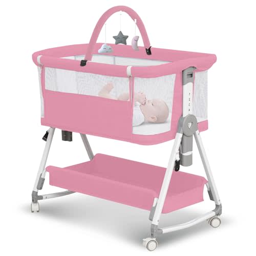 Baby Bassinet,3 in 1 Bedside Bassinet for Baby with Hanging Toys, Portable Foldable Baby Bassinets Bedside Sleeper,4-Sided Mesh Bedside Crib with Wheels and Storage Basket,7 Height Adjustable (Pink)