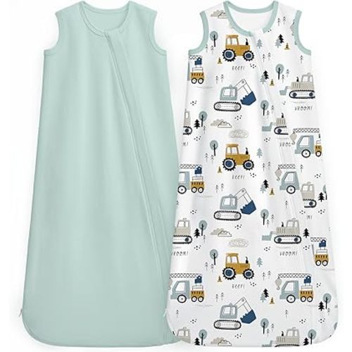 Unnivoll Baby Sleep Sack 6-12 Months 0.5 Tog Baby Wearable Blanket 100% Cotton Sleeping Sack with 2-Way Zipper for Newborn Infant White Green Excavator