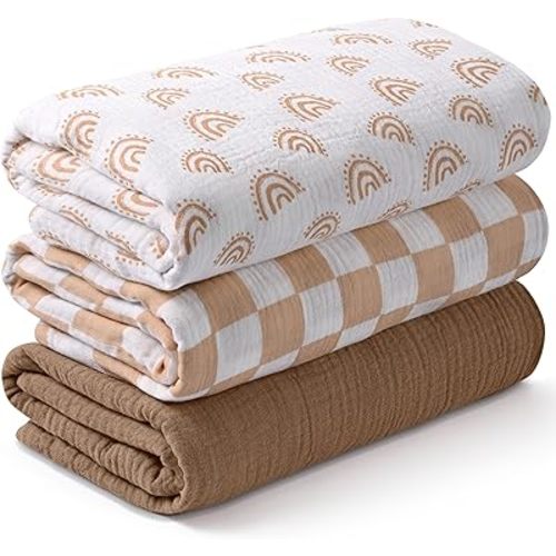 Muslin Swaddle Blankets for Newborn, 3 Pack Breathable Soft Receiving Blanket, Large 38 x 40 inches Swaddle Wrap Burping Clothes Diapers, Essentials Infant Shower Items, Toddler Gift (Rainbow & Grid)