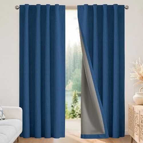 Joydeco Blackout Curtains for Bedroom - 100% Light Blocking 2 Panels Navy Blue Drapes 37" W x 72" L, Thermal Insulated Room Darkening Curtains, Linen Textured for Living Room, Rod Pocket & Back Tabs
