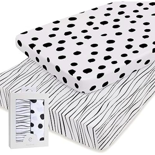 Pack n Play Playard Sheet | Portable Crib Sheet Set 2 Pack Black and White Abstract Stripes and Dots by Ely's & Co