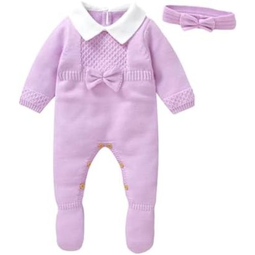 Hadetoto Newborn Baby Sweater Romper Knit Outfits Long Sleeve Jumpsuit with Warm Hat for Infant Boy Girl