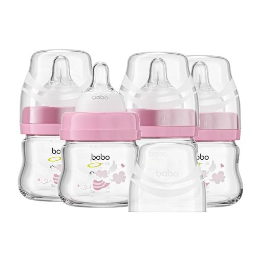 YOHKOH Glass Baby Bottles with Slow Flow Nipple, Newborn Anti-Colic Baby Bottles for 0+ Months, Wide Neck Feeding Bottle, Clear (Red, 2.7oz (Pack of 4))