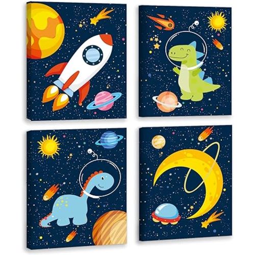 KAIRNE Outer Space Dinosaur Room Decor,Solar System Stars Wall Canvas Poster,Set Of 4 (8X10inch,framed) Planet Astronaut Art Print,Rocket Decor for Boys Room Toddler Kids Room Classroom Space Decor