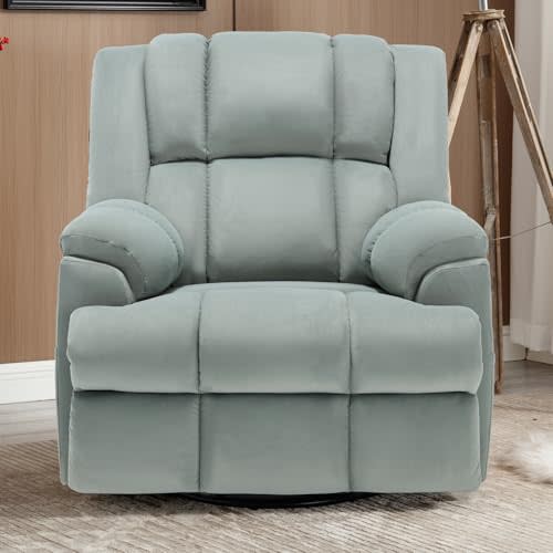 EZZUP Recliner Swivel Chair, 360° Swivel Glider Recliner for Living Room, Bedroom, Home Theater, Rocking Recliner Chair with Side Buckle, Green Chenille Fabric