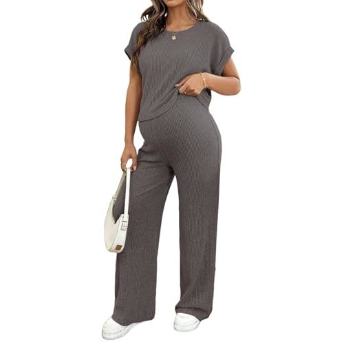 BLENCOT Maternity Clothes Ribbed Short Sleeve Maternity Pajamas Sets Sleepwear Lounge 2 Piece Matching Outfits Set