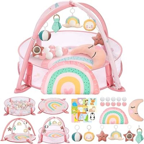 7-in-1 XL Large Baby Play Gym Mat, Tummy Time Mat, Baby Activity Mat, Baby Gym & Ball Pit with Tummy Time Pillow, 10 Balls, Milestone Cards & 6 Detachable Toys Rainbow