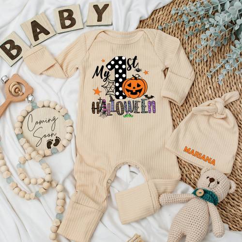 My first Halloween Baby bodysuit and hat set, Newborn set, Baby Shower Gift, Coming Home, Long Sleeve Bodysuit, Baby Announcement Outfit