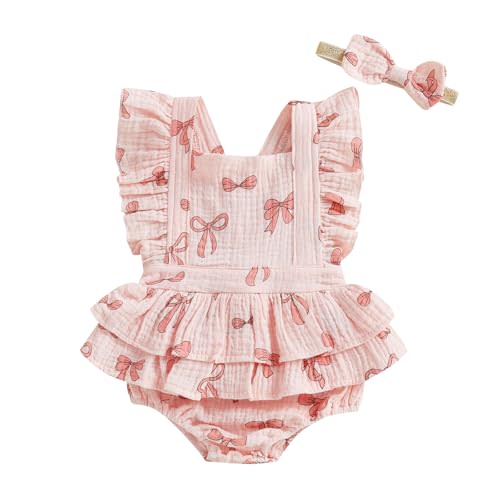 FEIBEL Baby Girls Flutter Sleeve Ruffles Layered Romper Dress Cute Patterns Printed Holiday Outfit with Headband
