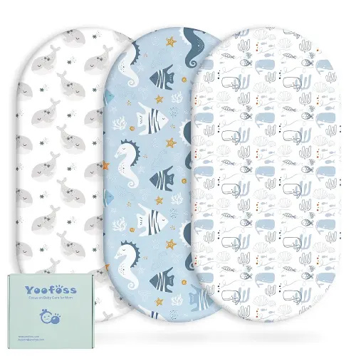 Yoofoss Bassinet Sheets for Baby,3-Pack Fitted Bassinet Sheets Set Compatible with Halo Bassinest Swivel Sleeper,Baby Delight,Angelbliss,Soft Breathable Bassinet Mattress Sheets (Blue+Seahorse)