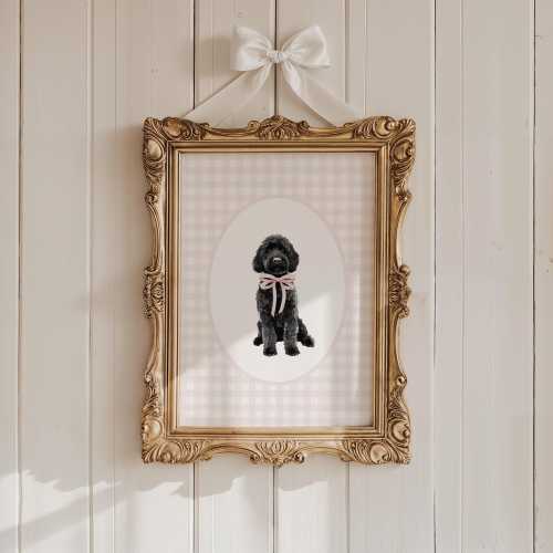 Black Golden Doodle Nursery Decor, Watercolor Dog Print, Baby Girl Nursery, Pink Gingham Wall Print, Coquette Pink Bow Art, Puppy Nursery