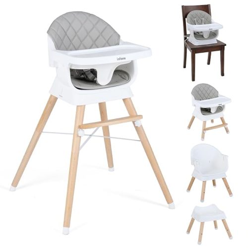 INFANS Baby High Chair, 6 in 1 Wooden Convertible Highchair for Babies and Toddlers, Infant Dining Booster Seat Kids Stool with Adjustable Removable Tray (Beige)