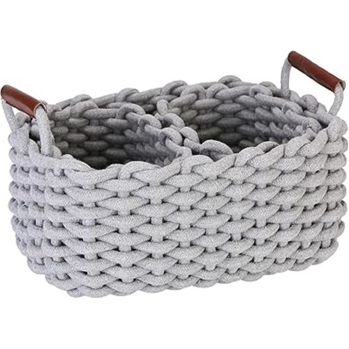 Sea Team 3-Pack Rectangle Woven Cotton Rope Storage Baskets with Handles, Shelf Basket, Closet Organizers, 3-in-1, Gray