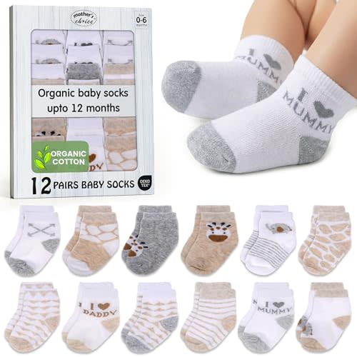 Mother's Choice Baby Socks 0-6 Months 12 Pairs Organic Cotton Blend Newborn Socks for Boys Stay-On Stretch Infant Socks OEKO-TEX Certified Baby Gift