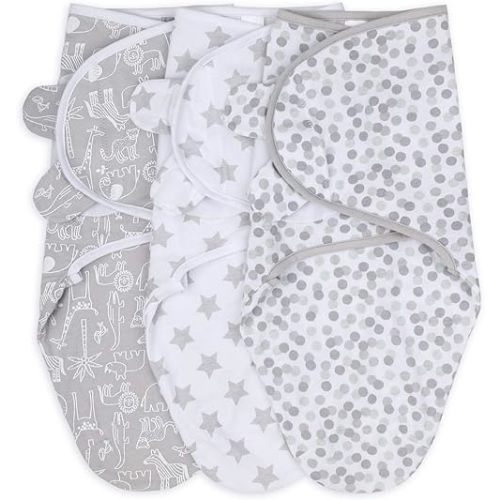 The Peanutshell Baby Swaddle Blankets for Boys or Girls, Grey Safari Animals & Stars, 3 Pack Wrap Set (Medium/Large)