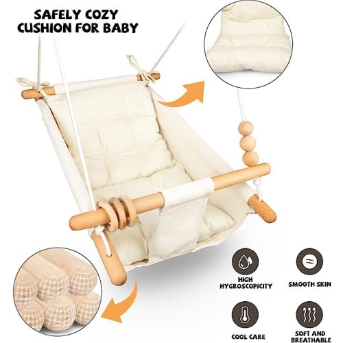 Baby Swing Outdoor Indoor for Infants to Toddlers, Portable Adjustable Tree Design with 5-Point Safety Belt, Porch Garden Backyard Swing Cream