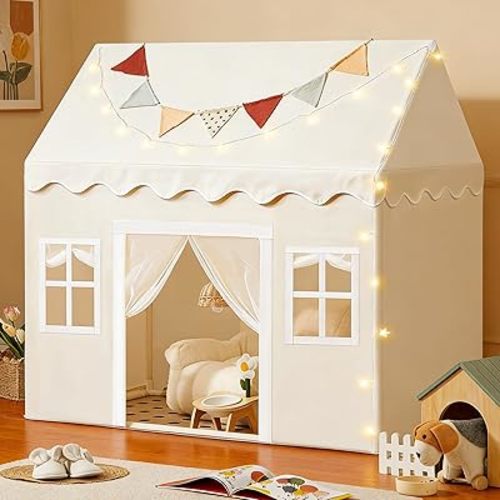 Tiny Land Play Tent with Padded Mat & LED Lights, Kids Tent, Playhouse for Kids, Indoor Bed Tent for Toddler, Toys for 3,4,5,6-Year-Old Girls, Neutral Color Play Room Furniture