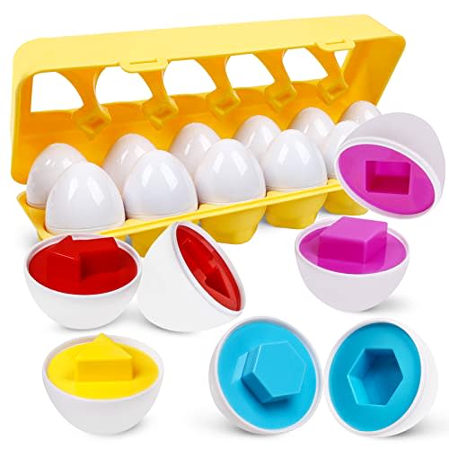NAODONGLI Montessori Geometric Eggs,12 pcs Set Color & Shape Egg Puzzle Toys Matching Eggs for Toddlers 1-3,Preschool Educational Sorting Game Fine Motor Toy Easter Gifts for Kids Boys Girls
