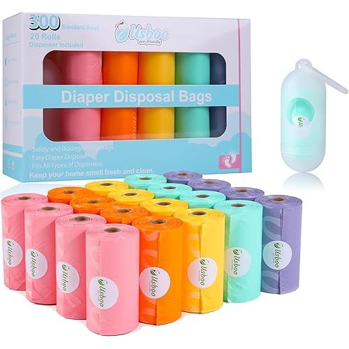 Diaper Bags Disposable for Baby, 20 Refill Rolls/300 Bags Waste Bags with Dispenser, Convenient and Quick Diaper Disposal, Rainbow
