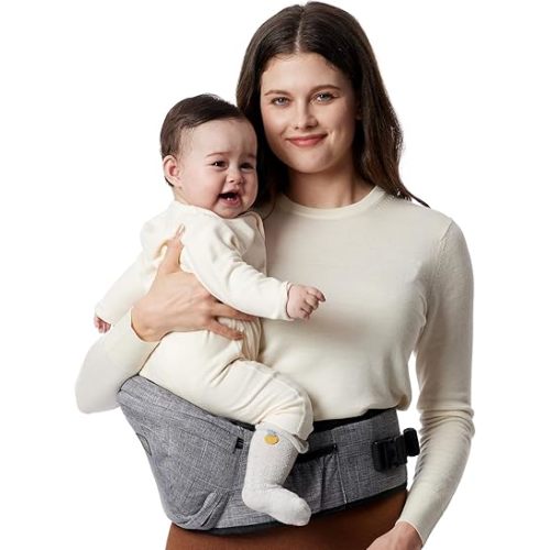 Momcozy Hip Seat Baby Carrier - Adjustable Waistband with Original 3D Belly Protector, Ergonomic Carrier with Various Pockets for Newborns & Toddlers up to 45lbs (Grey, Medium)