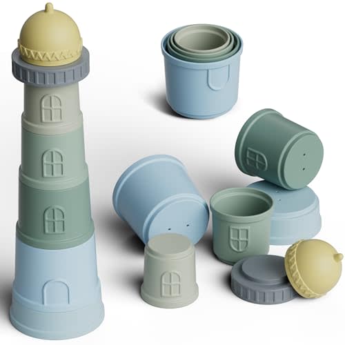 MR.PUR Lighthouse Stacking Cups Baby Toys, 7Pcs Silicone Soft Teething Toy & Baby Bathing Toys with Fun Educational, Best Gift Age 6+ Months (Inspiring Blue)
