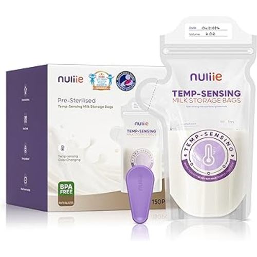 Nuliie 150pcs Temp-Sensing Breastmilk Storage Bag, Huge Temp-Sensing Icon & Locking Clamp, 6oz Breast Milk Storage Bags Freezer Pour Spout, Self Standing Milk Storage Bags Breastmilk, BPA-Free No-Leak