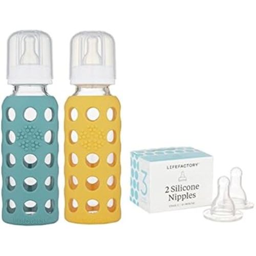 Lifefactory 9oz Glass Baby Bottle 2pk Bundle with 2 Stage 3 Nipples (Kale/Mango)