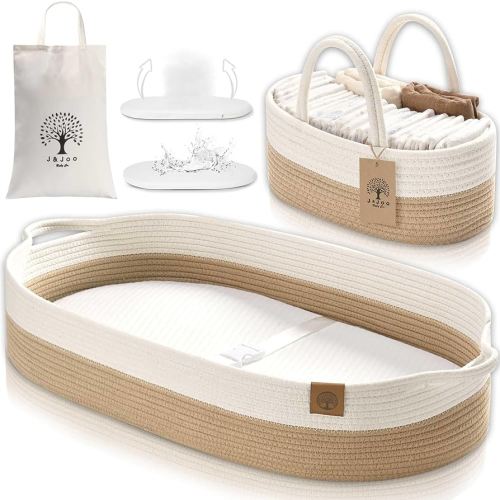 J&JOO Baby Changing Basket includes Diaper Caddy - Soft & Waterproof Dual-Cover, Portable, Changing Pad for Dresser & Changing Table, Gift for Baby Shower, Organic Cotton Rope