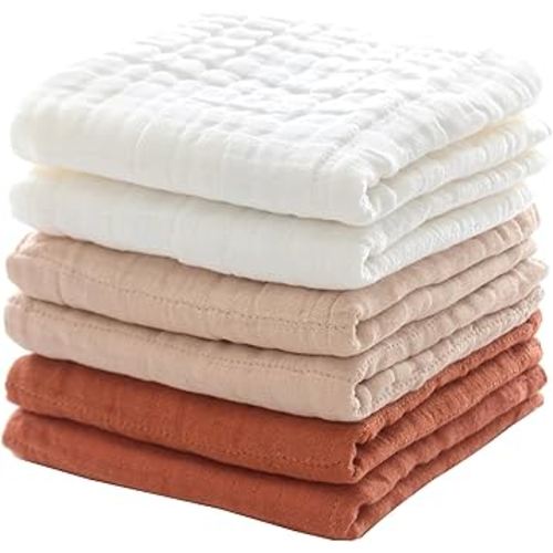 MUKIN Baby Washcloths, Soft Muslin Cotton Face Cloths, Newborn Absorbent Bath Wipes, Burp Cloths or Towels, Pack of 6, 12x12 inches (White,Cream Yellow,Brick Orange)