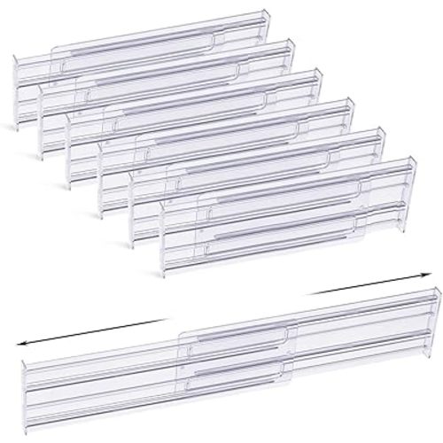 6 Pack Plastic Drawer Dividers 3.2" High, 11-19.7" Adjustable Drawer Organizers for Clothes, Expandable Separators in Bedroom/Kitchen/Office Organization and Makeup Cosmetic Storage-Clear