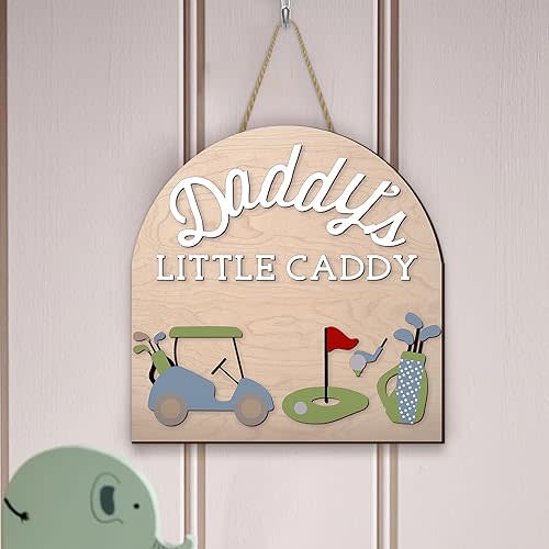 Blue Golf Wooden Wall Decor Sign Baby Boys Gift, Funny Golfing Daddy’s Little Caddy Decorative Wall Sculpture Door Hanger, Toddler Kid Room Nursery Bedroom Playroom Wood Hanging Decoration