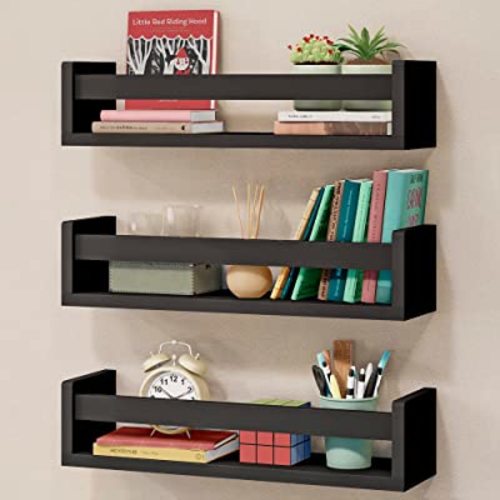 NATURE SUPPLIES Nursery Book Shelves, Set of 3 Floating Bookshelves for Wall for Nursery Decor & Playroom Decor, Book Shelf Wall, Wall Bookshelf Kids, Baby Book Shelf Organizer for Kids (Black) - 3 Pack-16.4 Inches