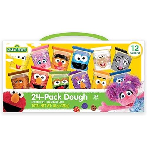 Sesame Street 24-Pack of Dough With Carrying Handle, Includes 24 cans of 2oz Dough in 12 popular colors, Gift for Kids
